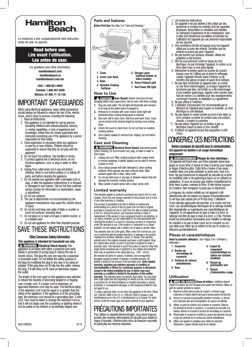 Page n°1 - Mode d'emploi Hamilton Beach 25462Z