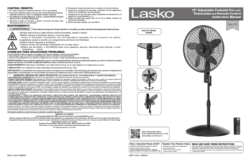 Page 1 de la notice Manuel utilisateur Lasko Elite Collection S18640