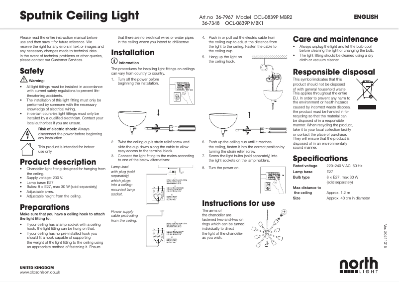 Page 1 de la notice Manuel utilisateur North Light Sputnik 36-7348
