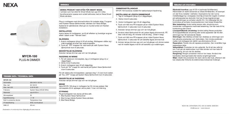 Page 1 de la notice Manuel utilisateur Nexa MYCR-100
