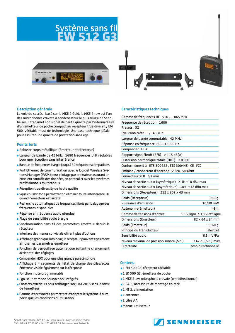 Page 1 de la notice Fiche technique Sennheiser EW 512 G3