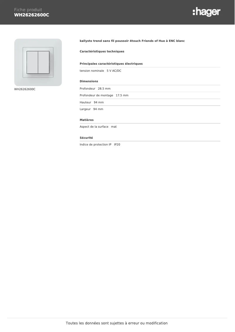 Page 1 de la notice Fiche technique Hager WH26262600C