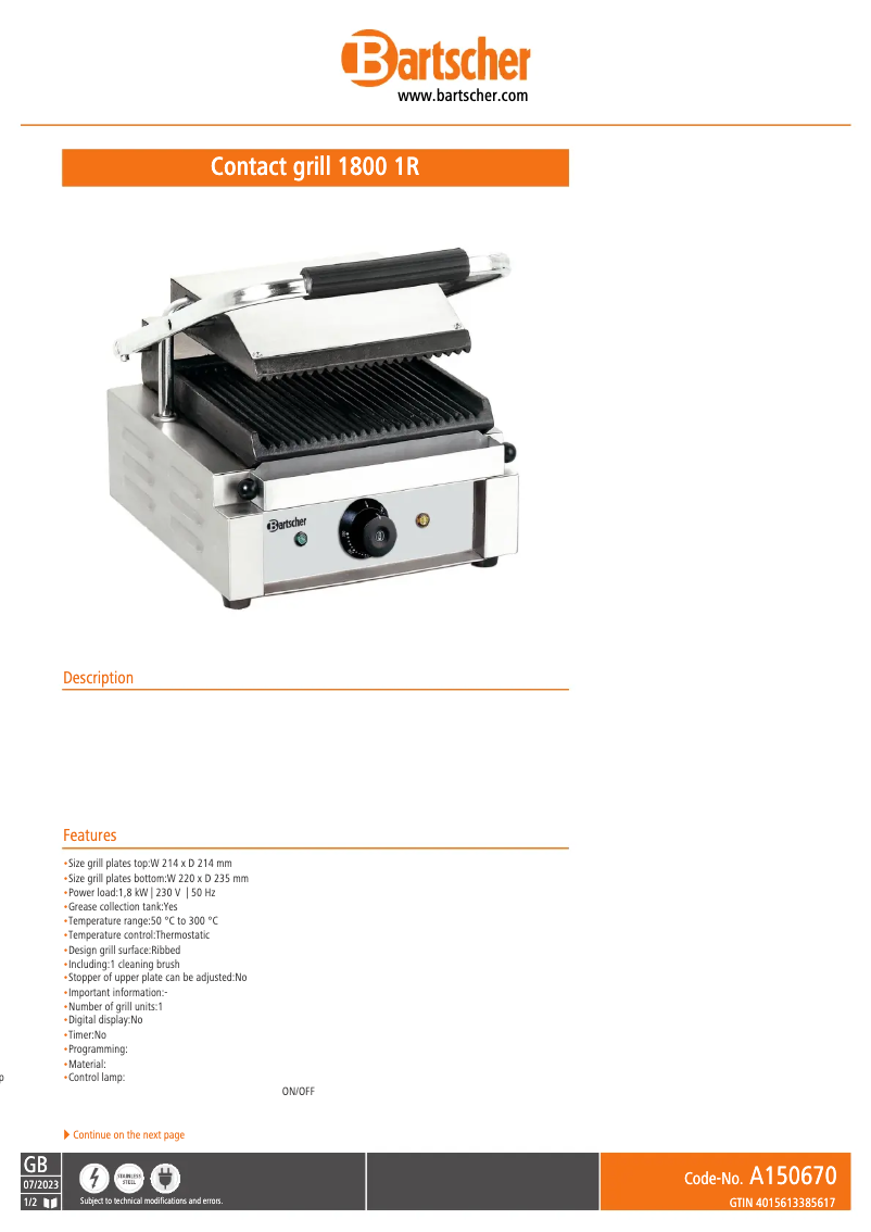 Page 1 de la notice Fiche technique Bartscher A150670