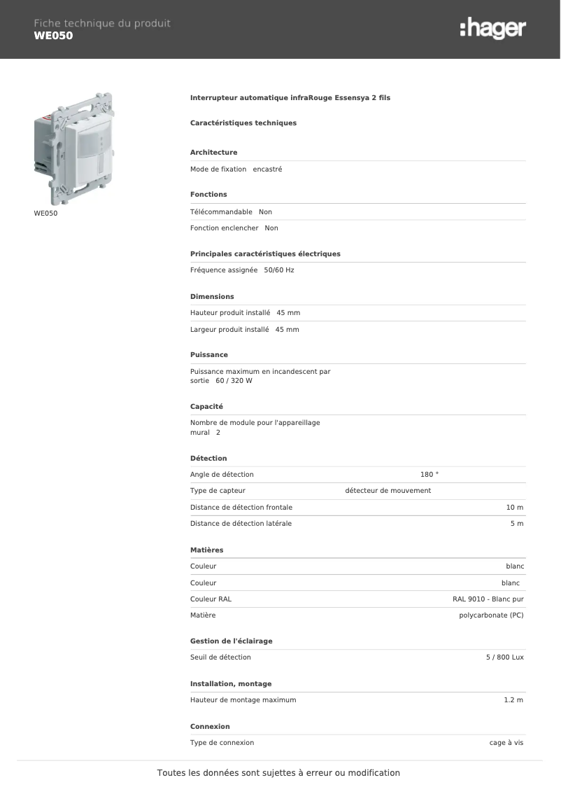 Page n°1 - Fiche technique Hager WE050