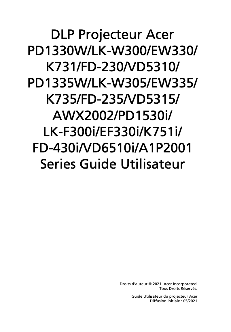 Page 1 de la notice Manuel utilisateur Acer PD1335W