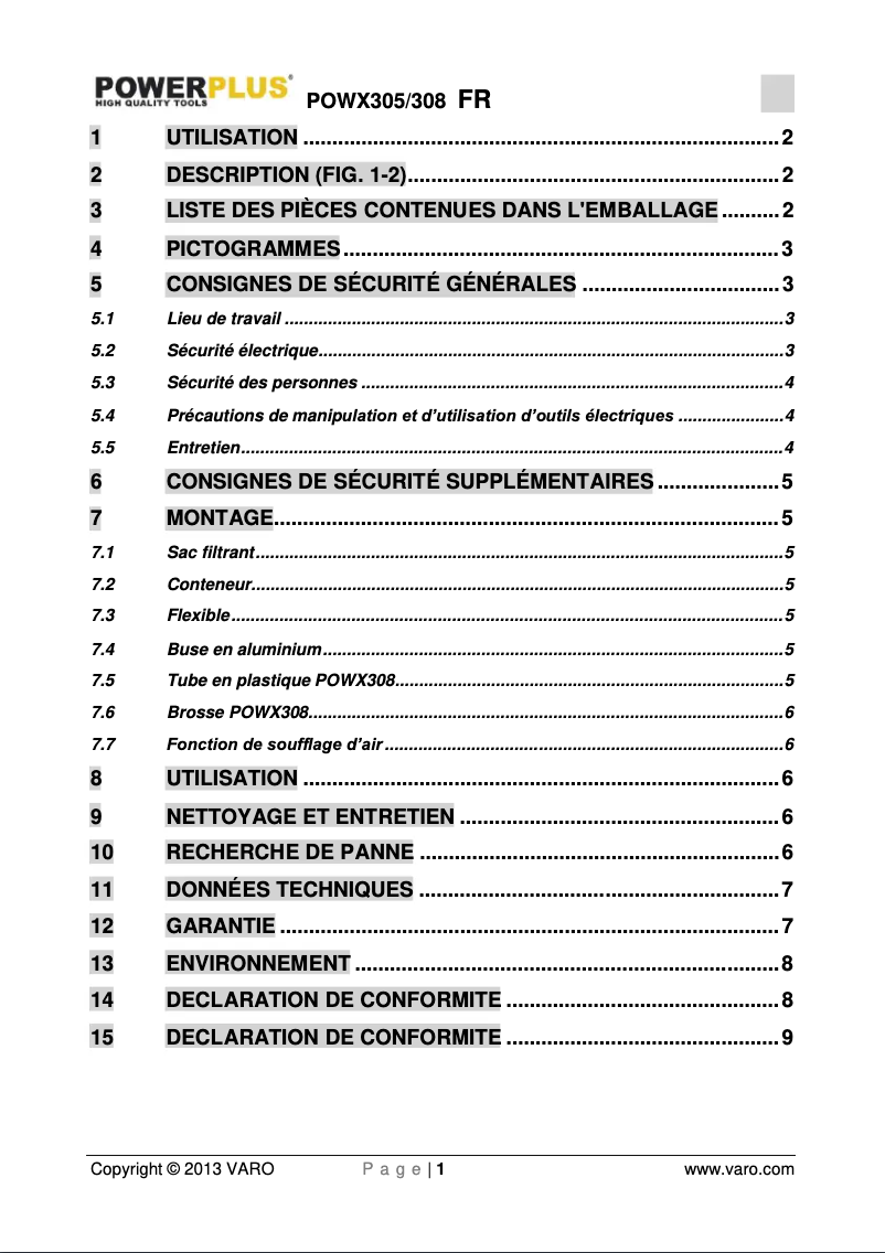 Page 1 de la notice Manuel utilisateur PowerPlus POWX305