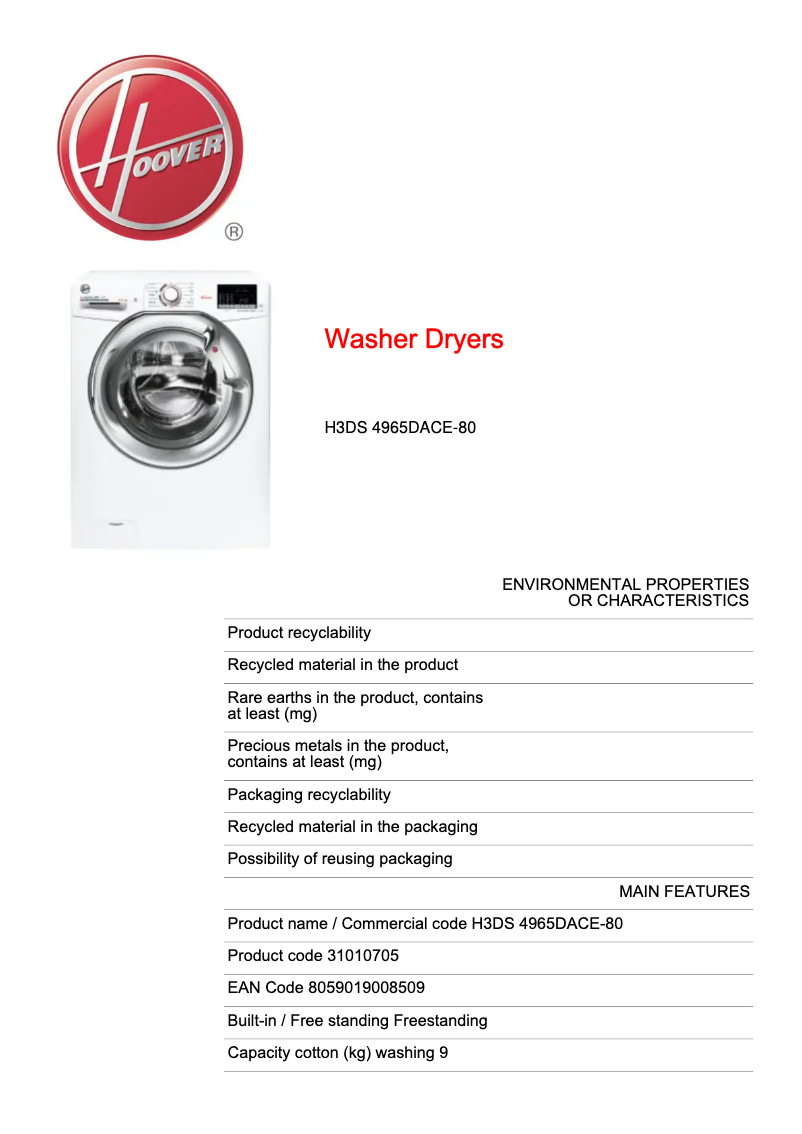 Page n°1 - Fiche technique Hoover H-WASH & DRY 300 H3DS 4965DACE-80