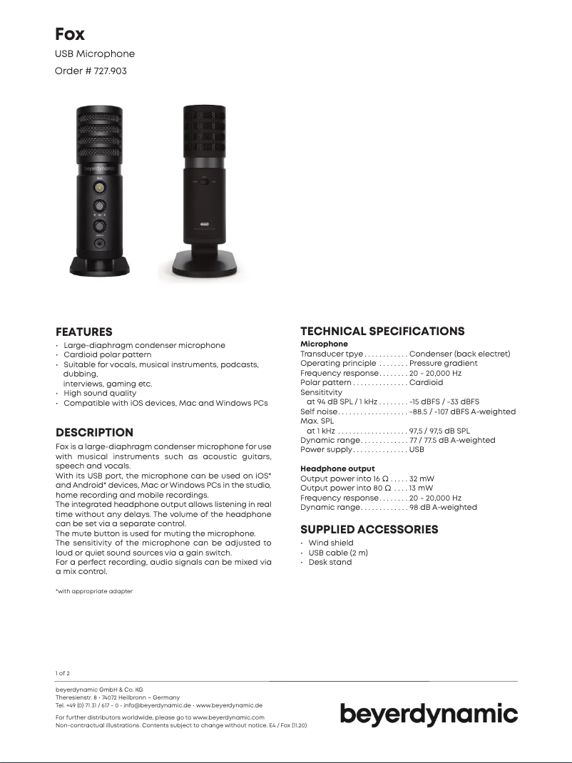 Page 1 de la notice Fiche technique Beyerdynamic Fox