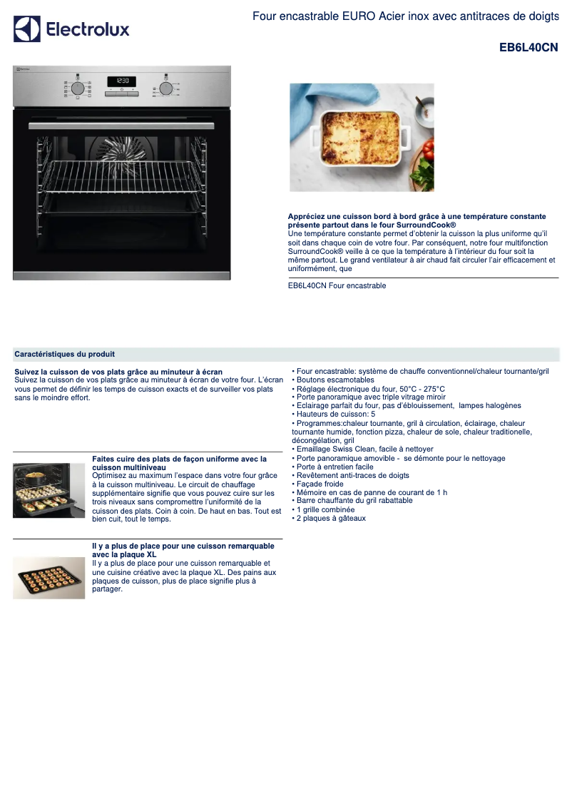Page 1 de la notice Fiche technique Electrolux EB6L40CN