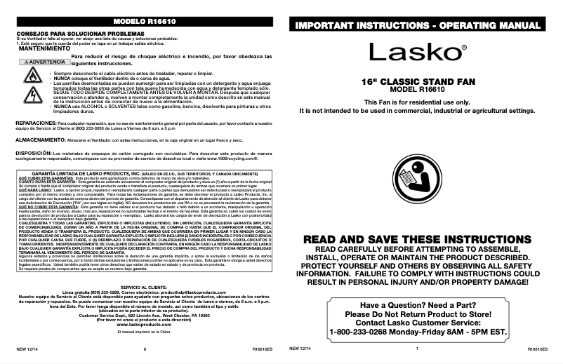Page 1 de la notice Manuel utilisateur Lasko R16610