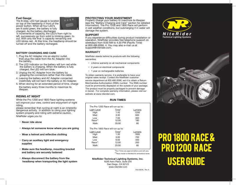 Page 1 de la notice Manuel utilisateur NiteRider Pro 1800 Race