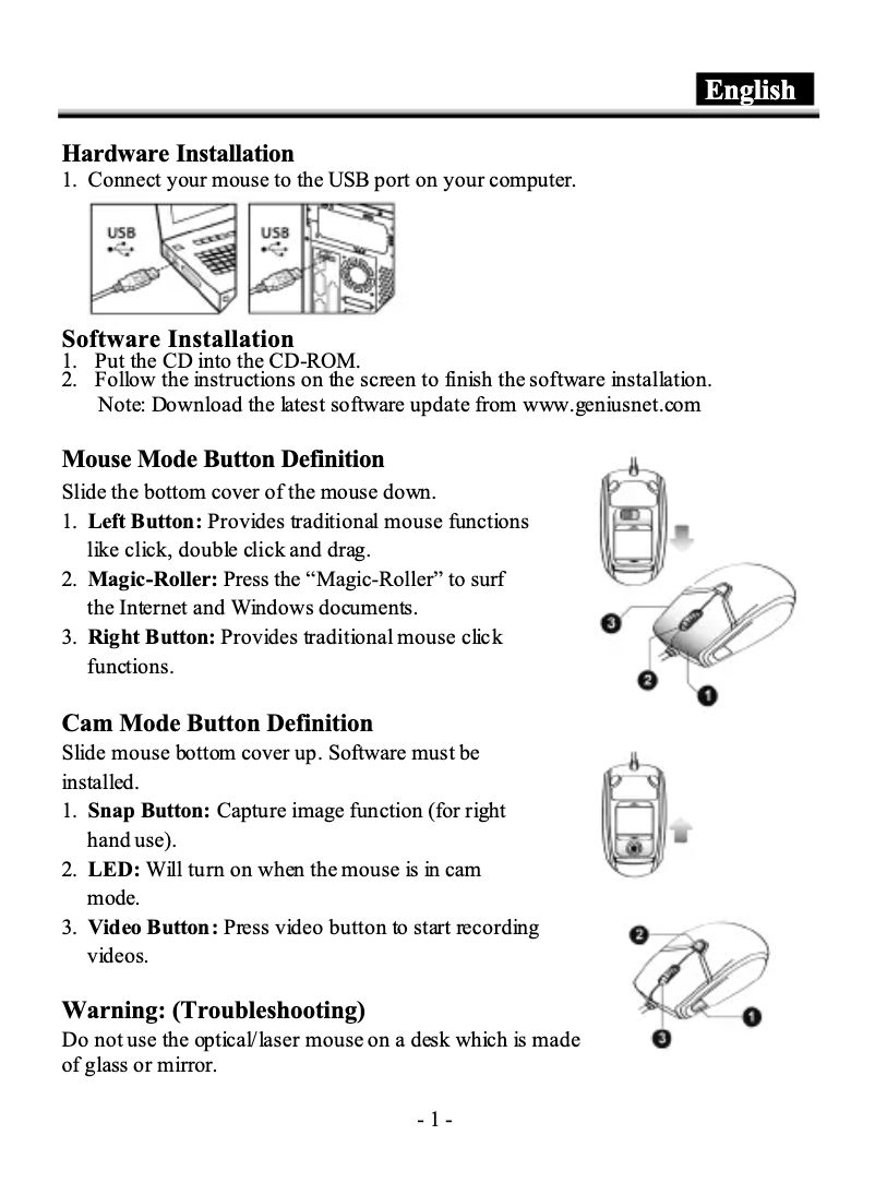 Page 1 de la notice Manuel utilisateur Genius Cam Mouse