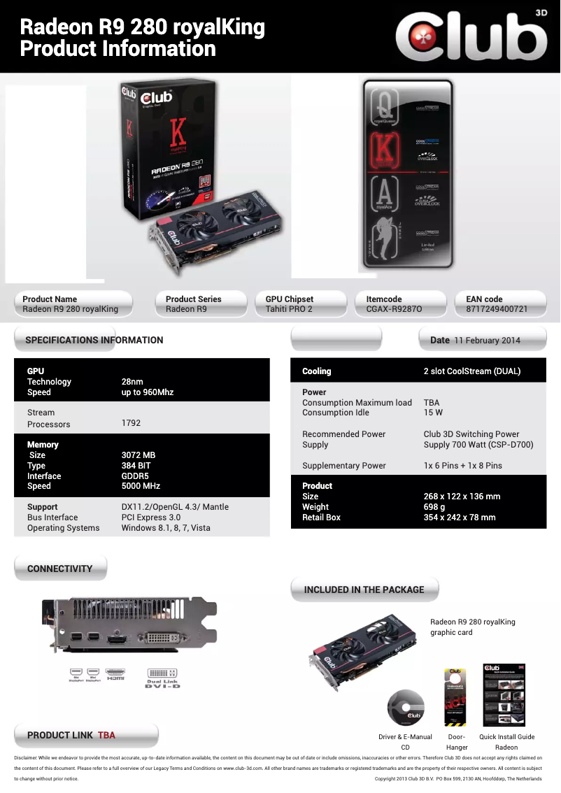 Page 1 de la notice Manuel utilisateur CLUB3D Radeon R9 280 royalKing