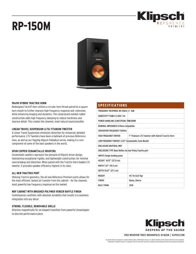 Page 1 de la notice Fiche technique Klipsch RP-150M