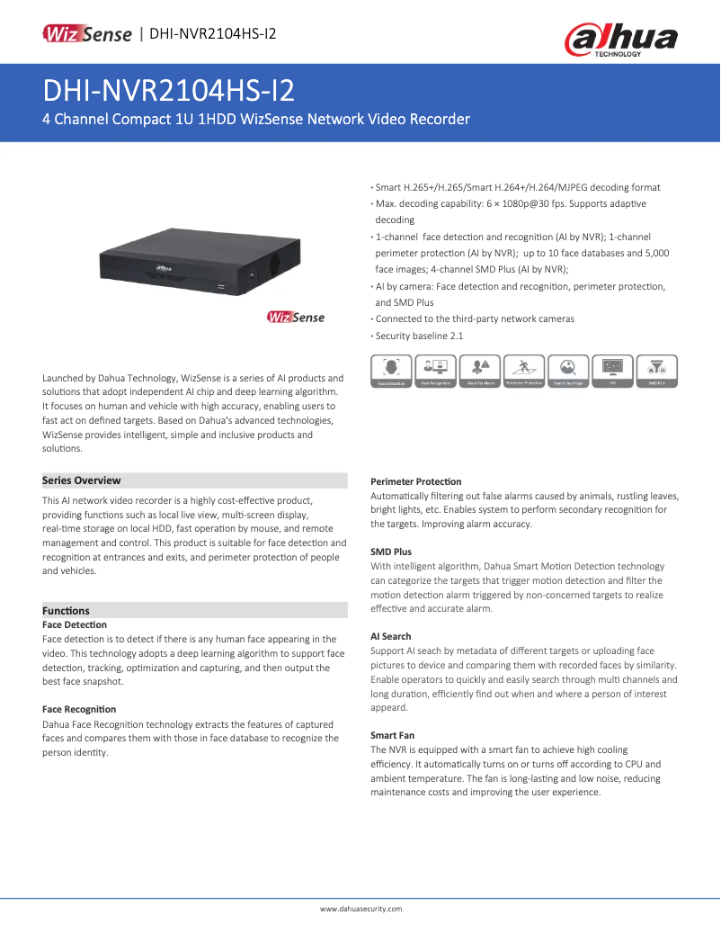Page 1 de la notice Fiche technique Dahua Technology NVR2104HS-I2