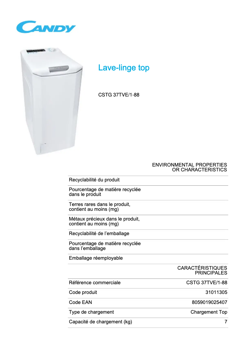 Page 1 de la notice Fiche technique Candy CSTG 37TVE/1-88