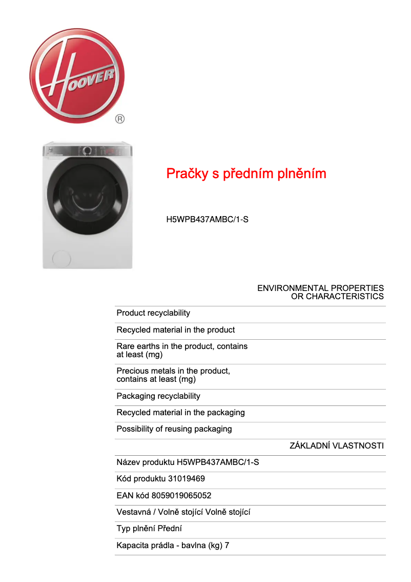 Página 1 del manual Ficha técnica Hoover H5WPB437AMBC/1-S