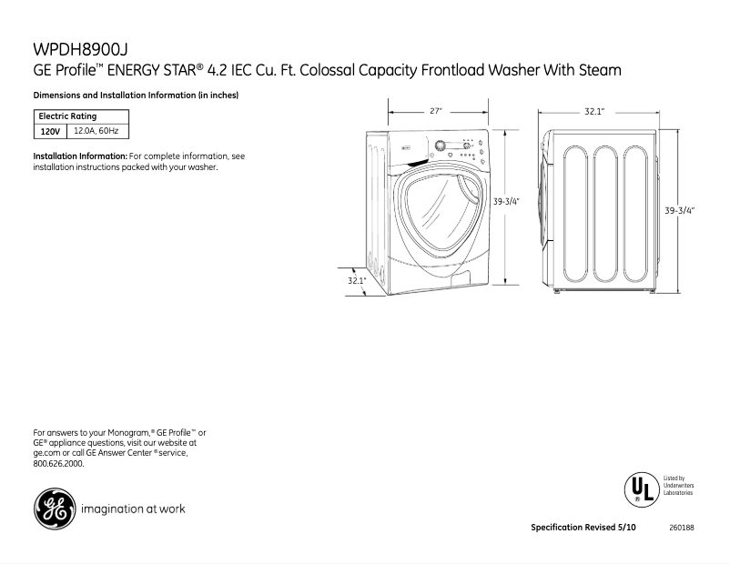 Page 1 de la notice Fiche technique GE WPDH8900JWW