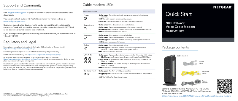 Page 1 de la notice Guide d'installation Netgear Nighthawk CM1150V