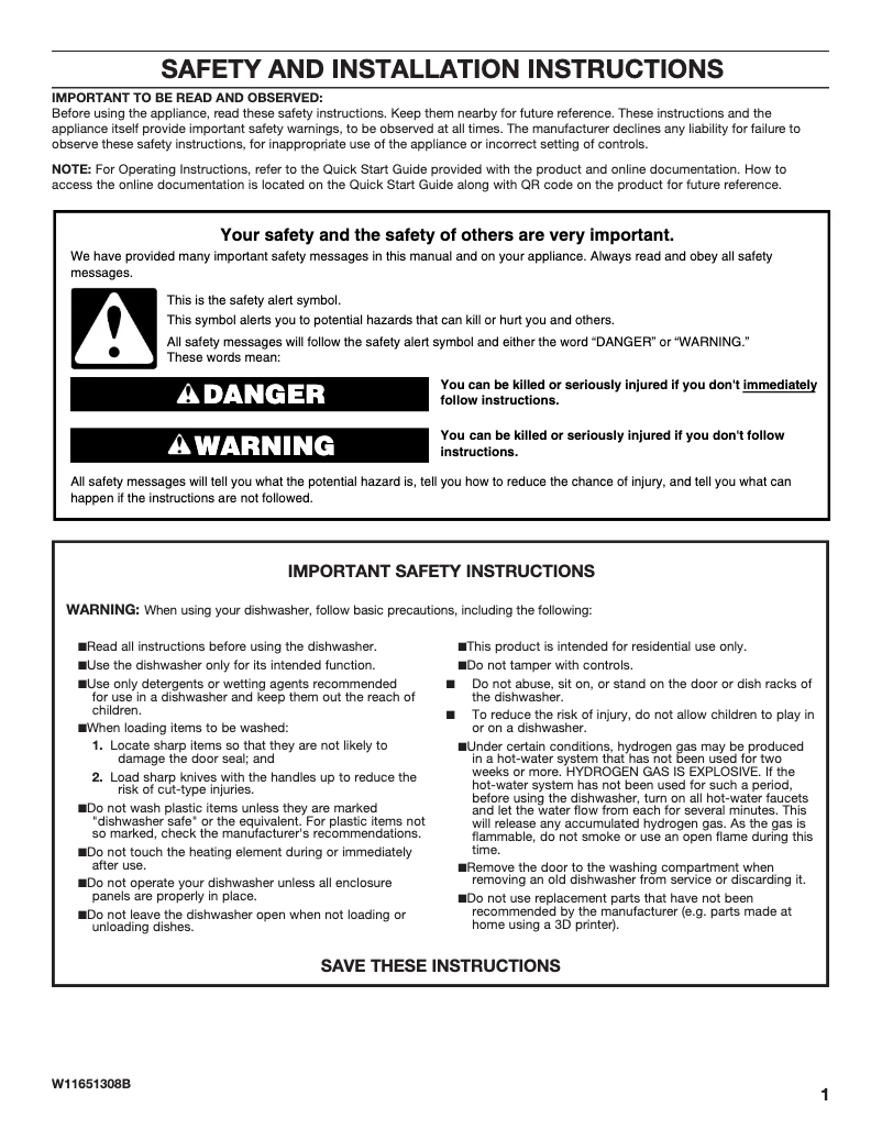 Page 1 de la notice Guide d'installation KitchenAid KDTE204KBL