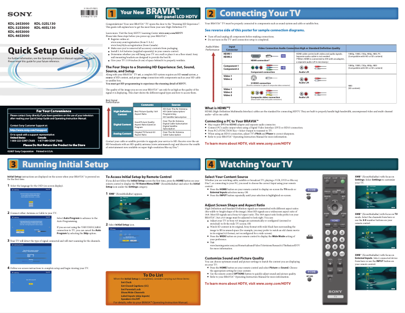 Page 1 de la notice Guide d'installation Sony Bravia KDL-40SL130