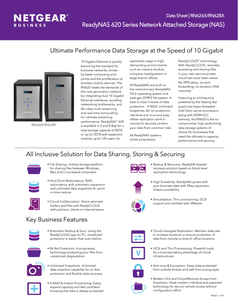 Page 1 de la notice Fiche technique Netgear ReadyNAS R628X