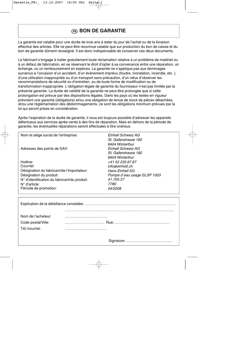Page n°1 - Manuel utilisateur Gardenline GLSP 1003