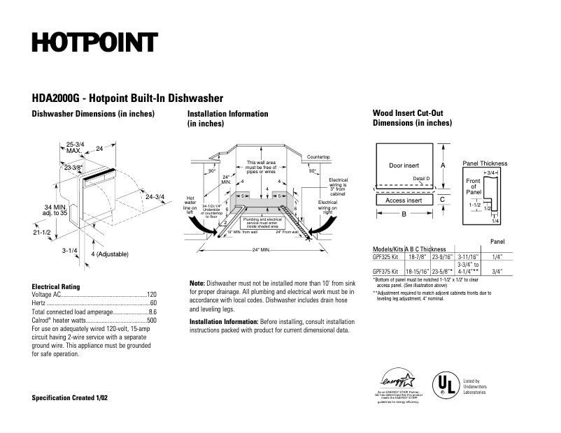 Page 1 de la notice Fiche technique Hotpoint HDA2000GCC