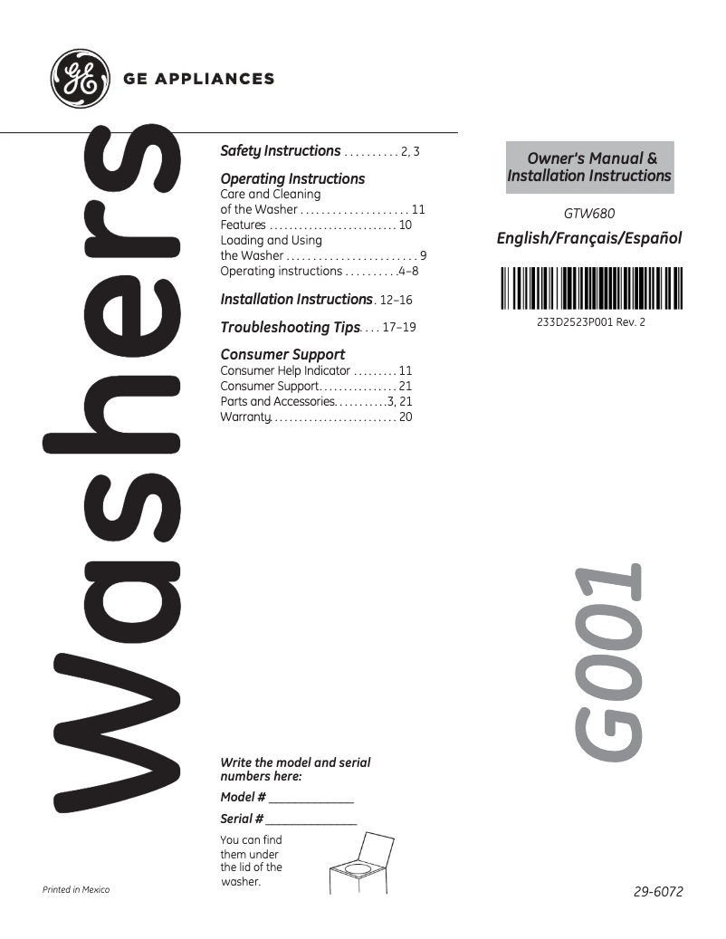 Page 1 de la notice Manuel utilisateur GE GTW680BMMWS