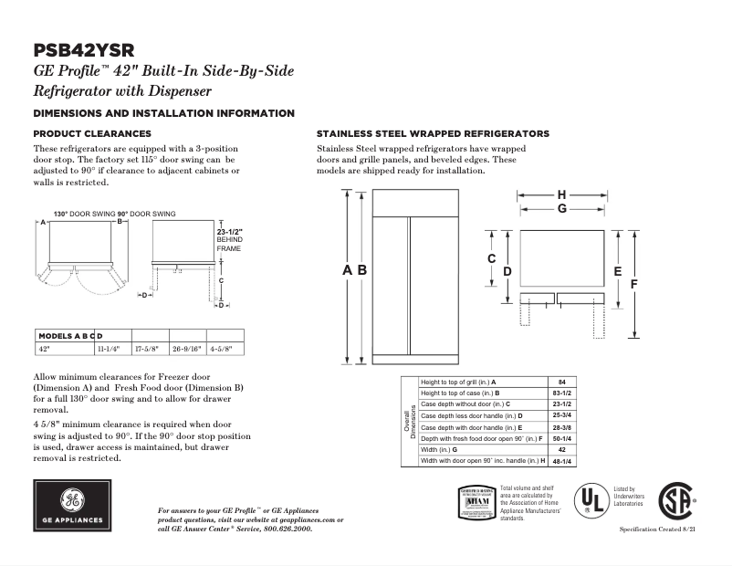 Page n°1 - Fiche technique GE Profile PSB42YSRSS