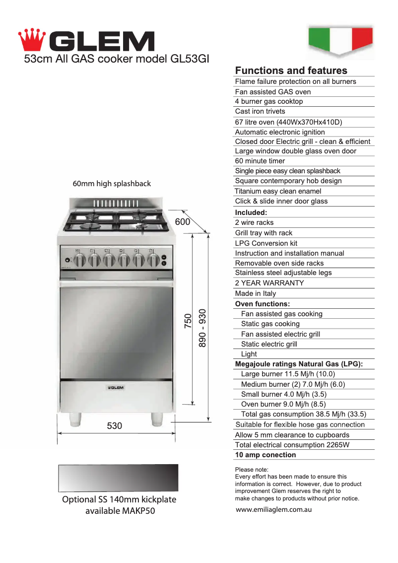 Page n°1 - Fiche technique Glem Gas GL53GI
