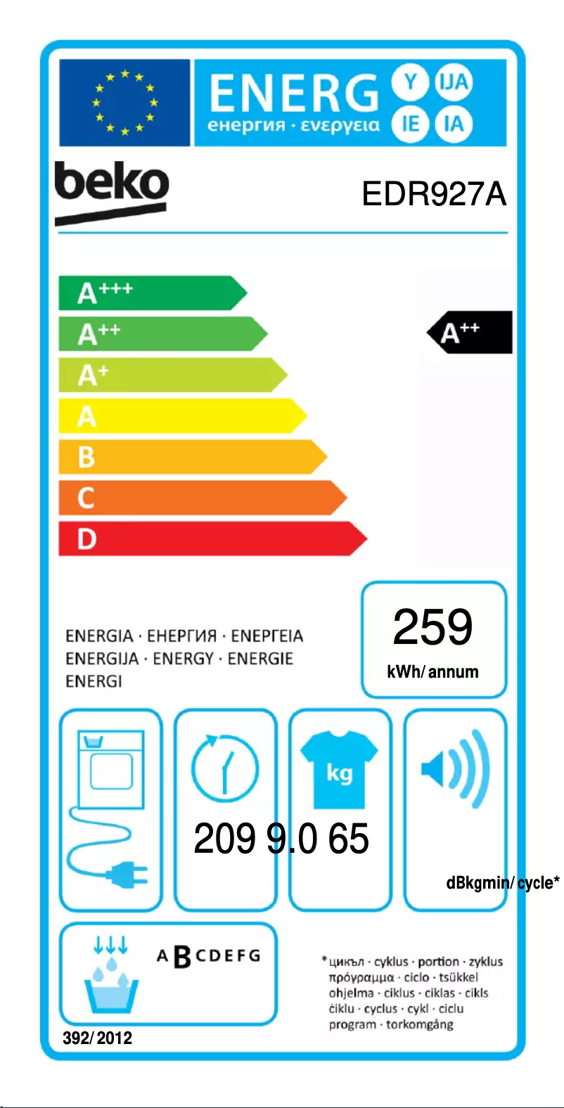 Page n°1 - Label énergétique Beko EDR927A