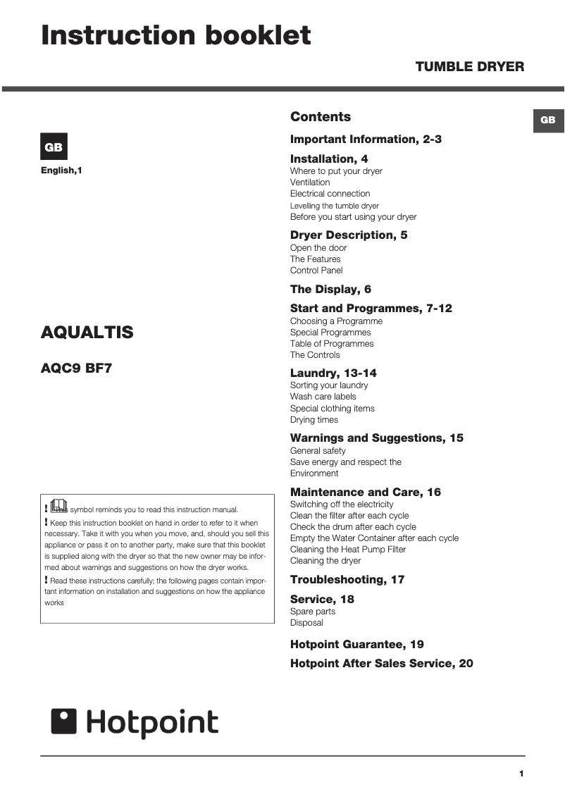 Page 1 de la notice Manuel utilisateur Hotpoint AQC9BF7E1