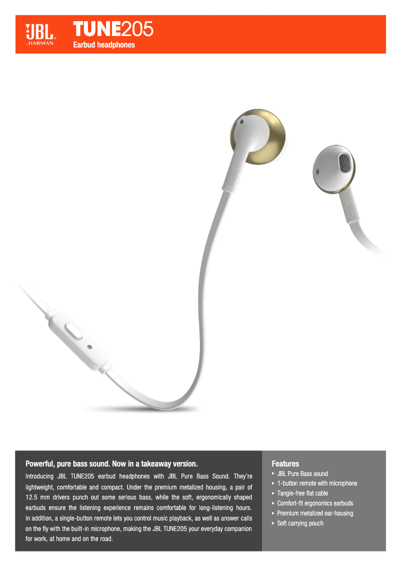 Page 1 de la notice Fiche technique JBL Tune 205