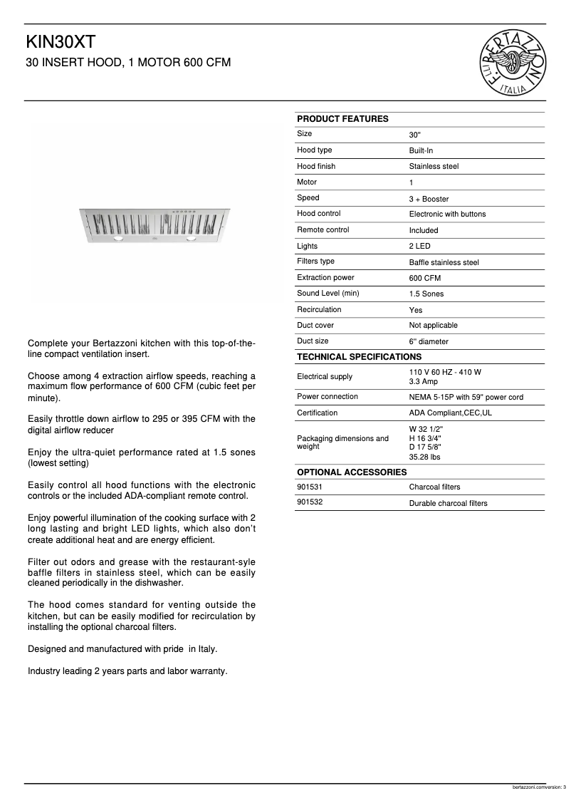 Page 1 de la notice Fiche technique Bertazzoni KIN30XT