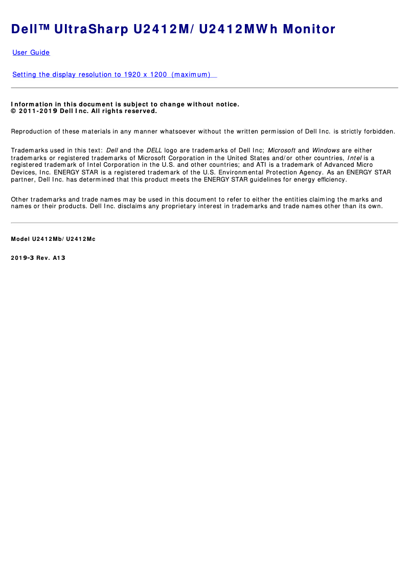 Page n°1 - Manuel utilisateur Dell UltraSharp U2412M