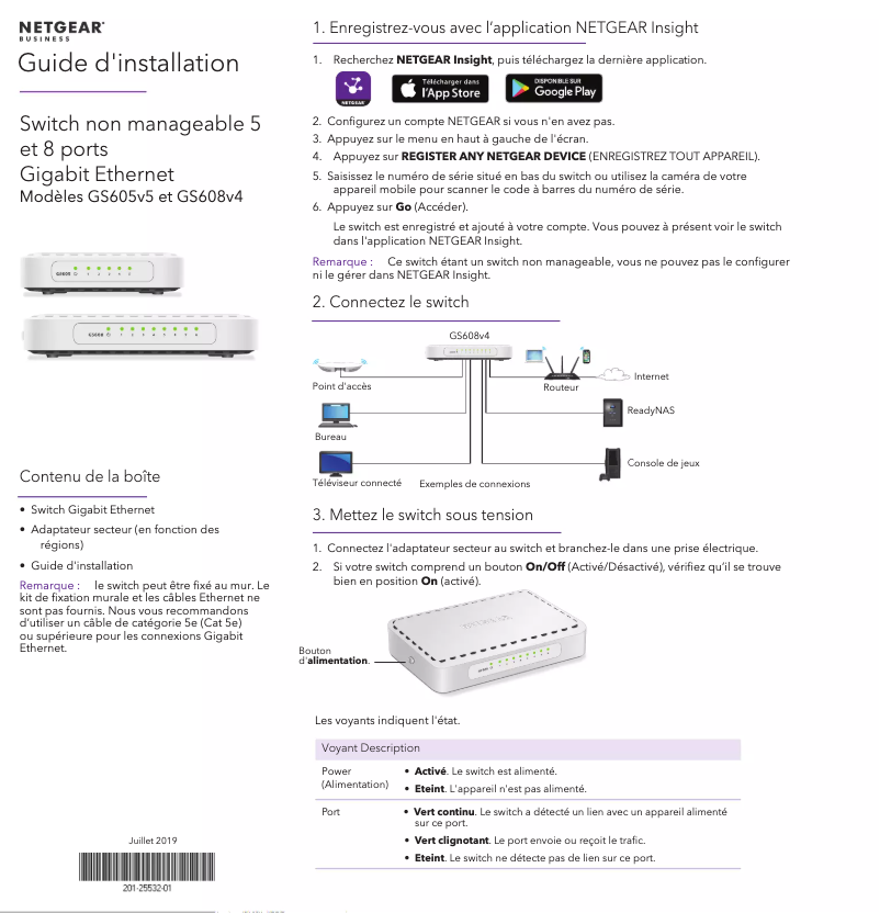 Page 1 de la notice Guide d'installation Netgear GS608v4
