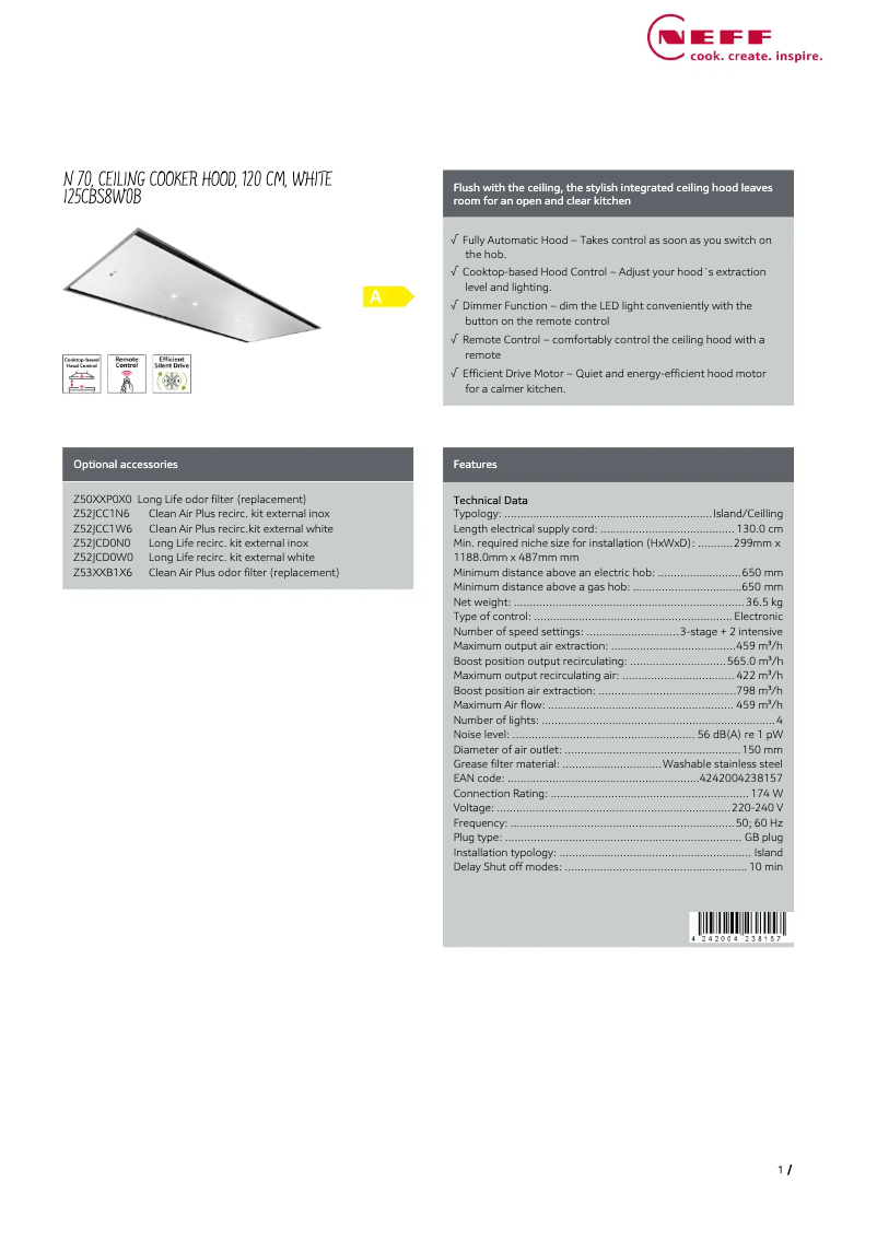 Page 1 de la notice Fiche technique Neff I25CBS8W0B