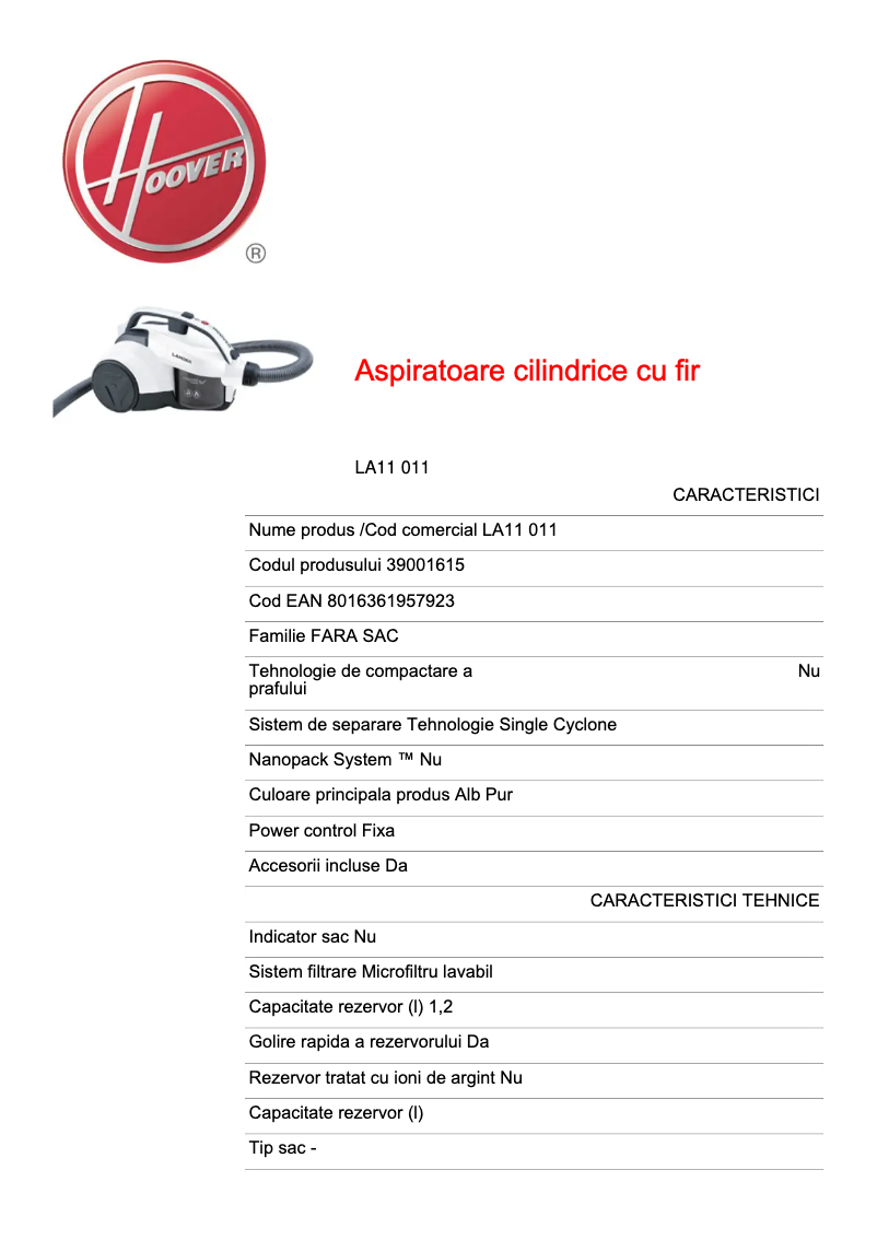 Page n°1 - Fiche technique Hoover Lander LA11 011