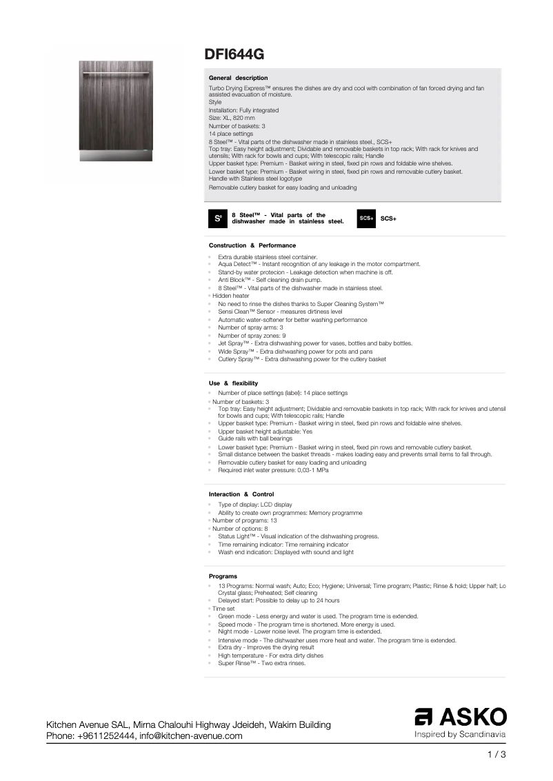 Page n°1 - Fiche technique Asko DFI644G