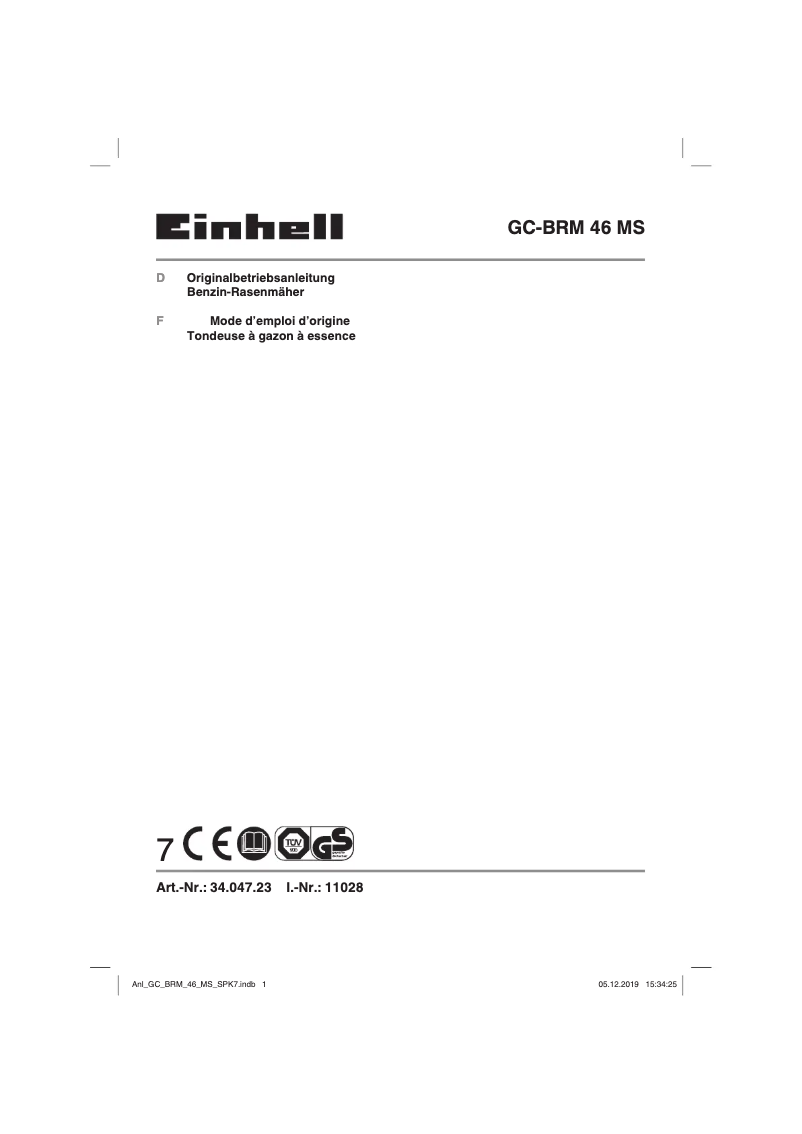 Page 1 de la notice Manuel utilisateur Einhell GC-BRM 46 MS