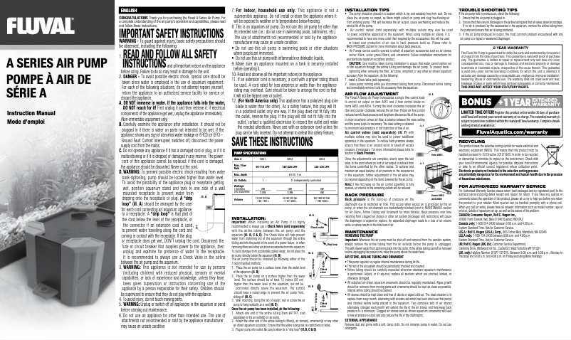 Page 1 de la notice Manuel utilisateur Fluval A202
