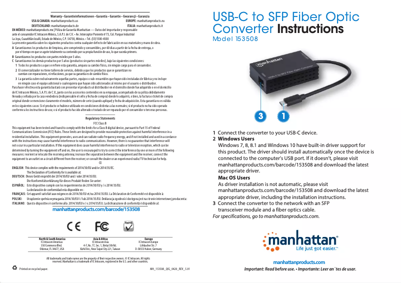 Page 1 de la notice Manuel utilisateur Manhattan 153508