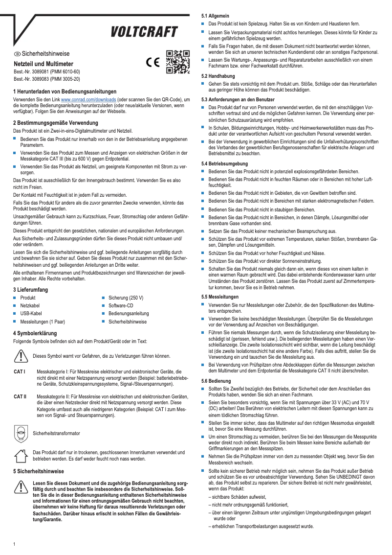 Page 1 de la notice Manuel utilisateur Voltcraft PMM 3005-20