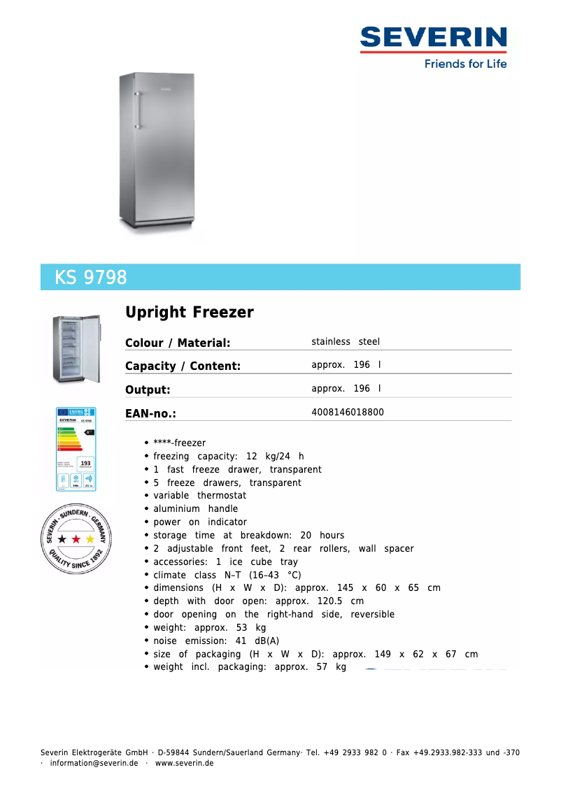 Page 1 de la notice Fiche technique Severin KS 9798