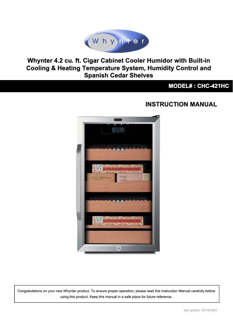 Page 1 de la notice Manuel utilisateur Whynter CHC-421HC