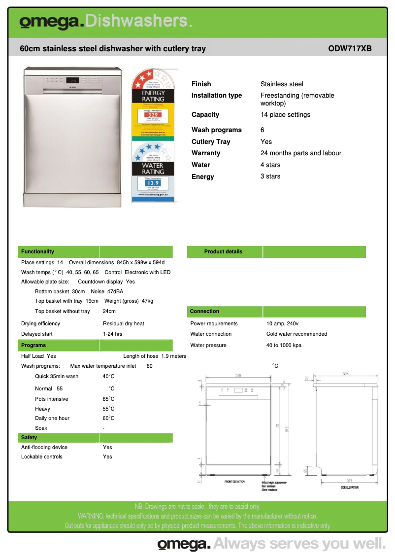 Page 1 de la notice Fiche technique Omega ODW717XB