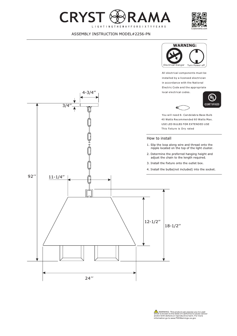 Page 1 de la notice Manuel utilisateur Crystorama Westwood 2256-PN