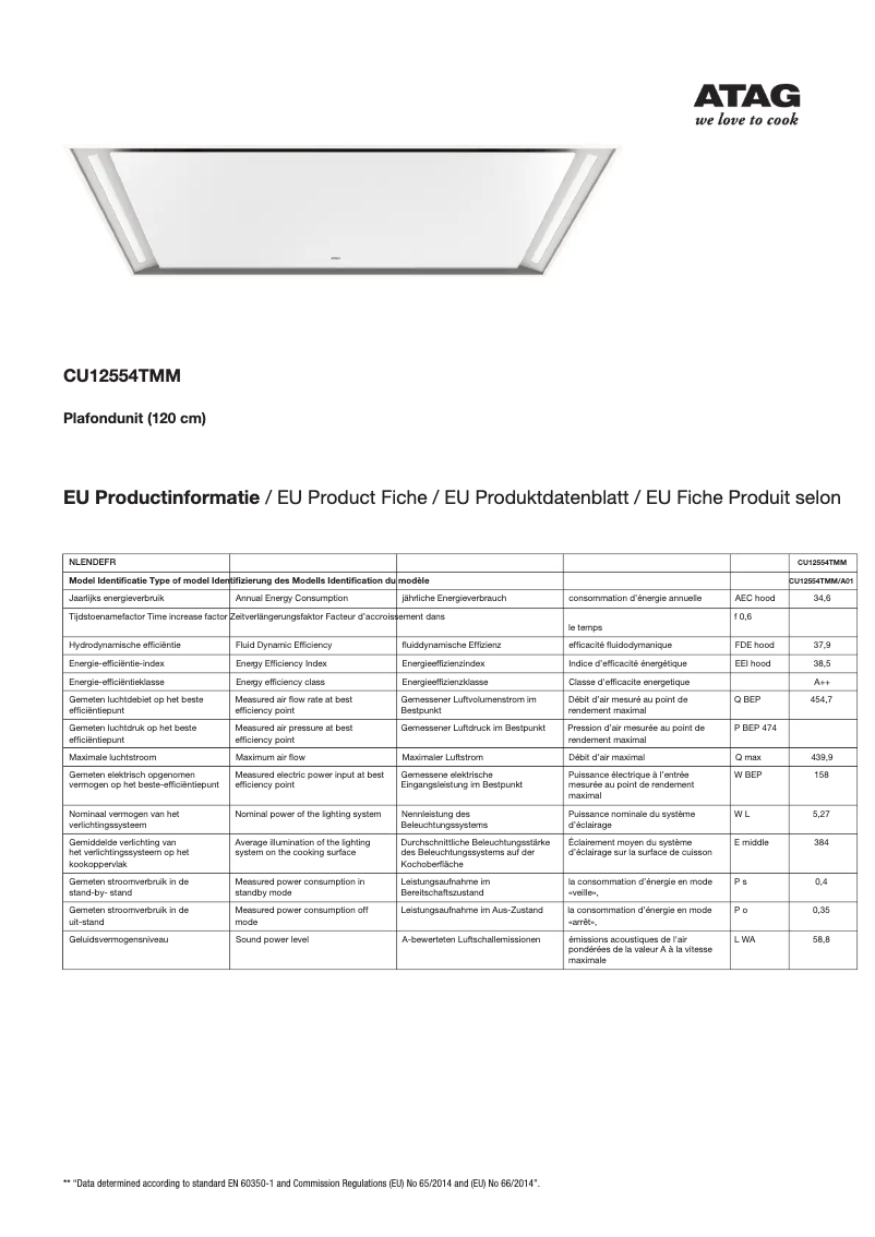 Page 1 de la notice Fiche technique Atag CU12554TMM