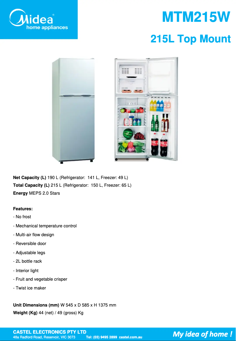 Page 1 de la notice Fiche technique Midea MTM215W